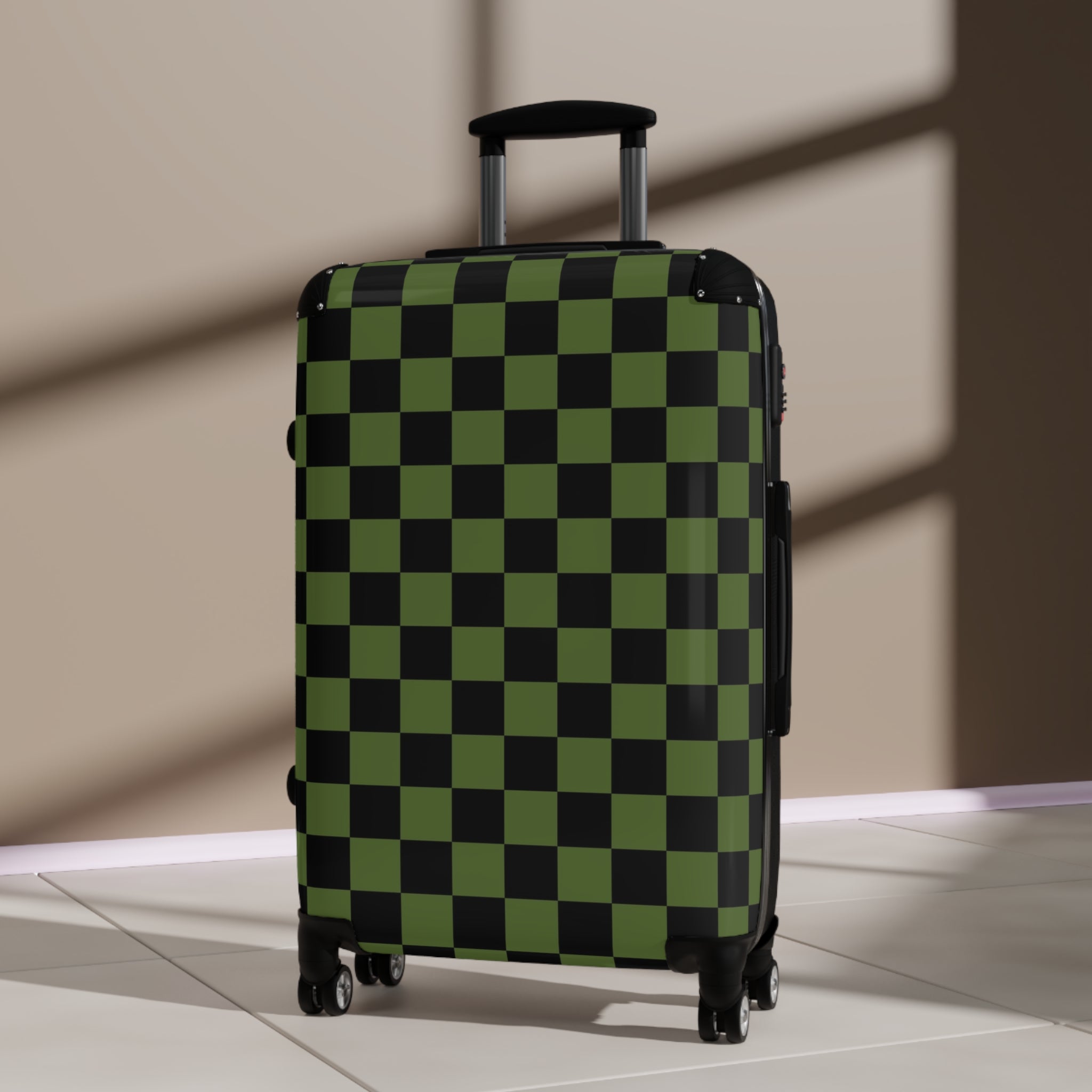Checkerboard Olive Green and Black Suitcase, Artsulli - Art is Long, Life is Short, Bags, , , , , , , 