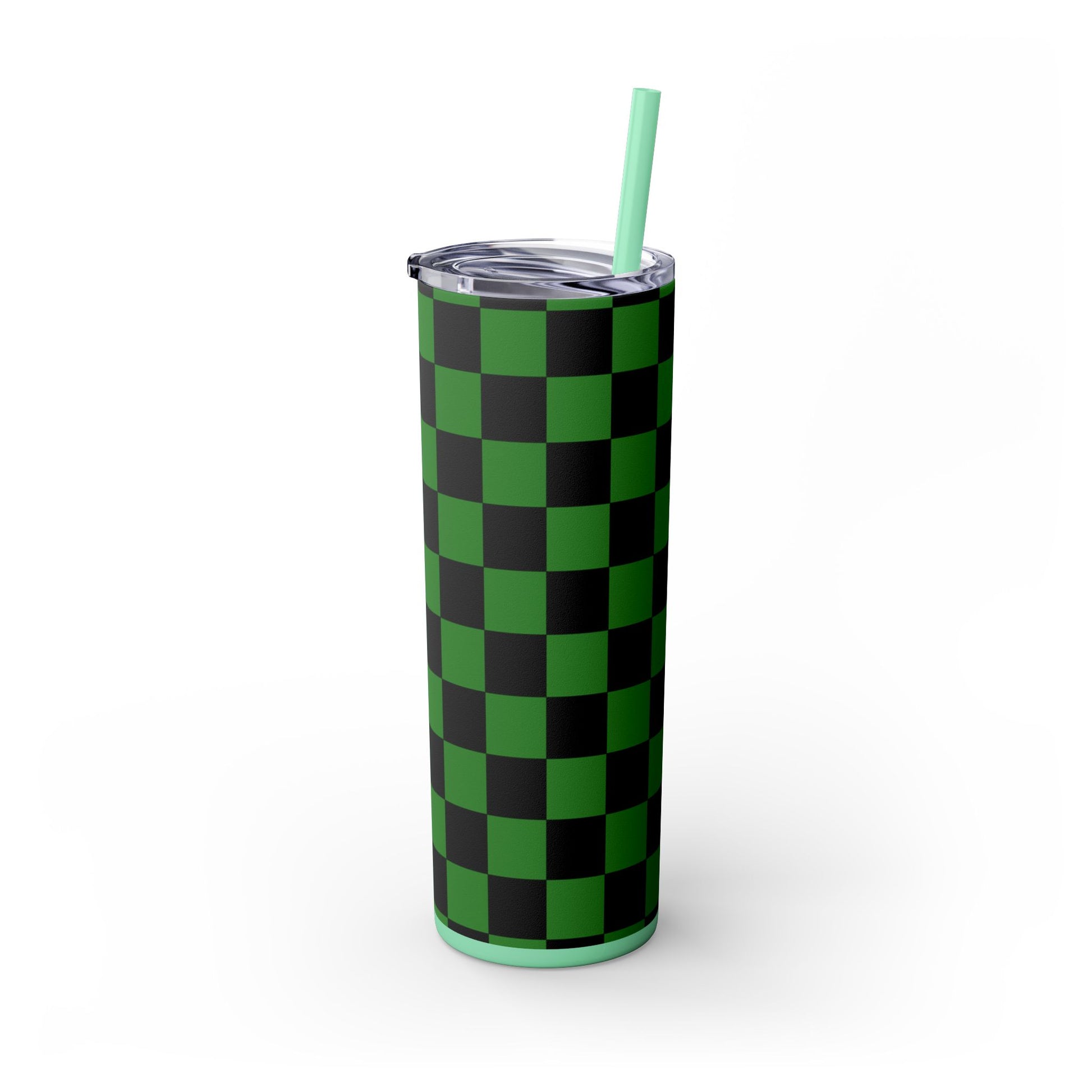 Checkerboard Green and Black Skinny Tumbler with Straw, 20oz, Artsulli - Art is Long, Life is Short, Mug, , , , , , , 