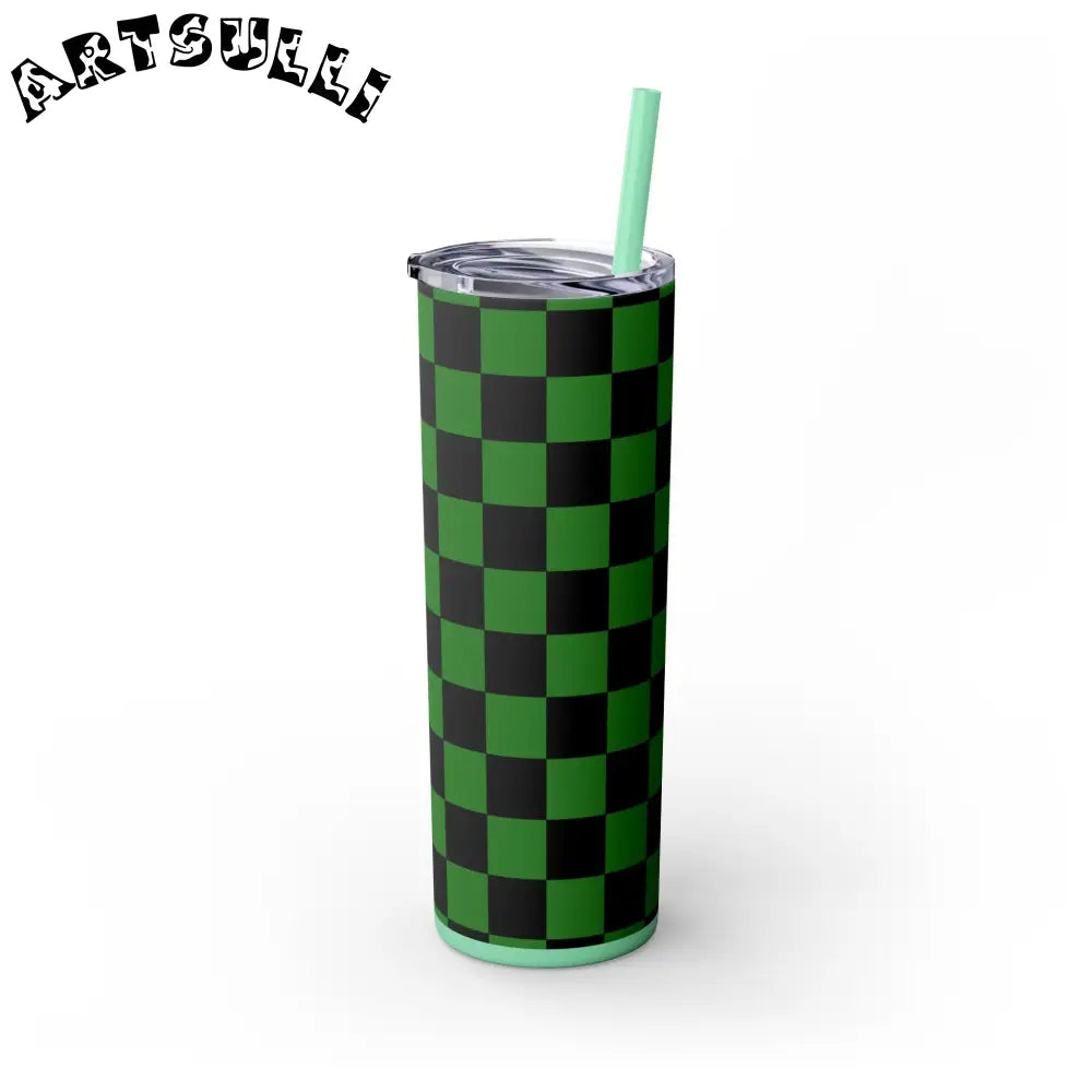JAKKOUTTHEBXX Checkerboard Green and Black Skinny Tumbler with Straw