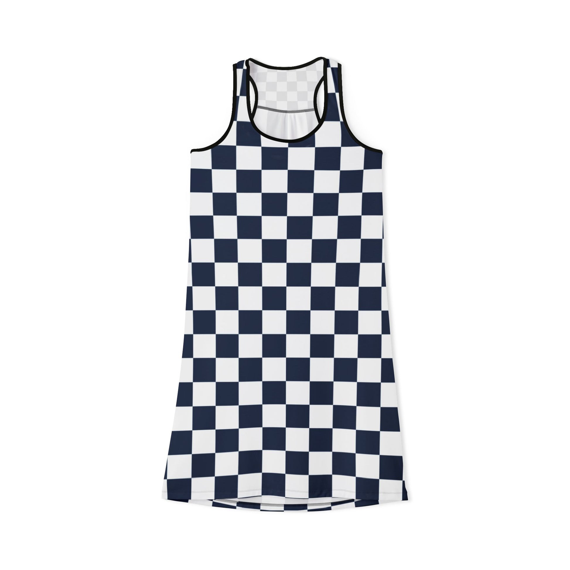 Checkerboard White and Navy Blue Women's Racerback Dress (AOP), Artsulli - Art is Long, Life is Short, Tank Top, Size, XS, Color, Black, , , 28039625266301741133