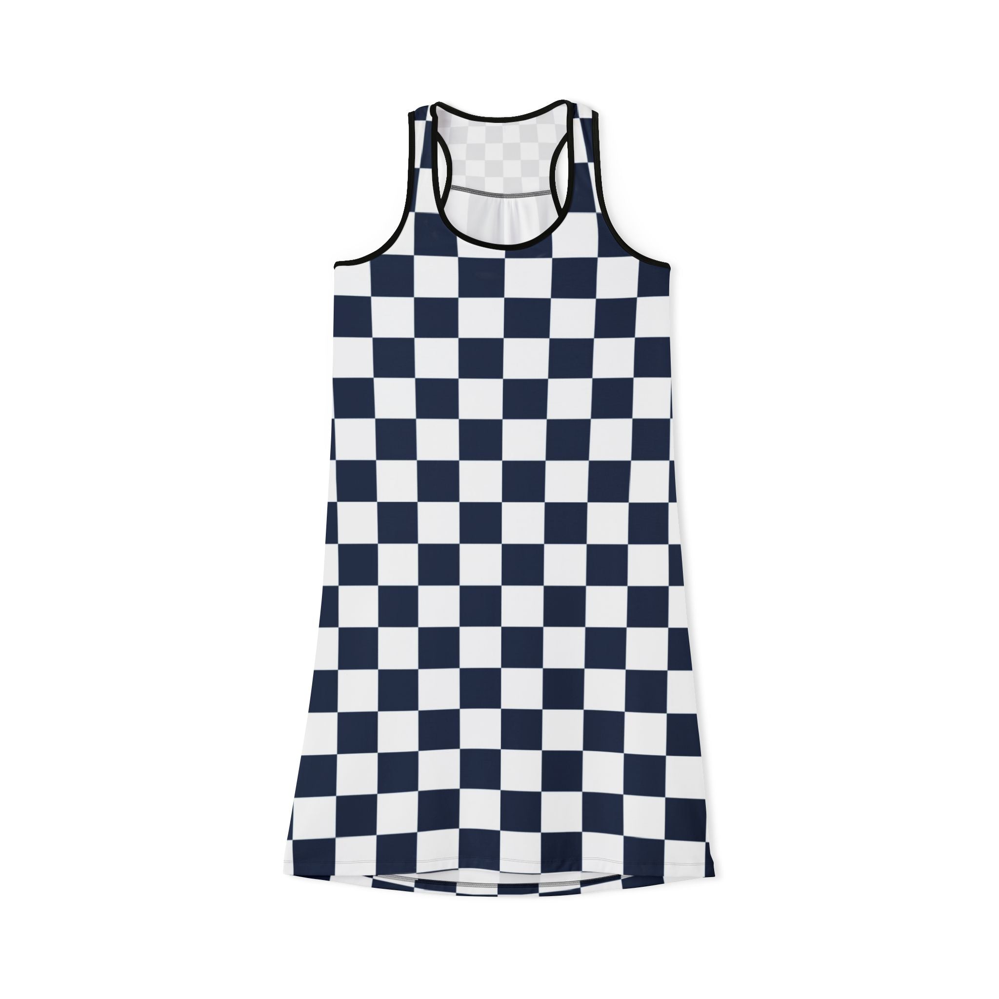 Checkerboard White and Navy Blue Women's Racerback Dress (AOP), Artsulli - Art is Long, Life is Short, Tank Top, Size, XS, Color, Black, , , 28039625266301741133