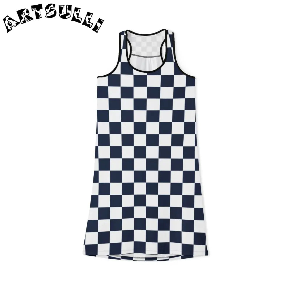 JAKKOUTTHEBXX Checkerboard White and Navy Blue Women’s Racerback