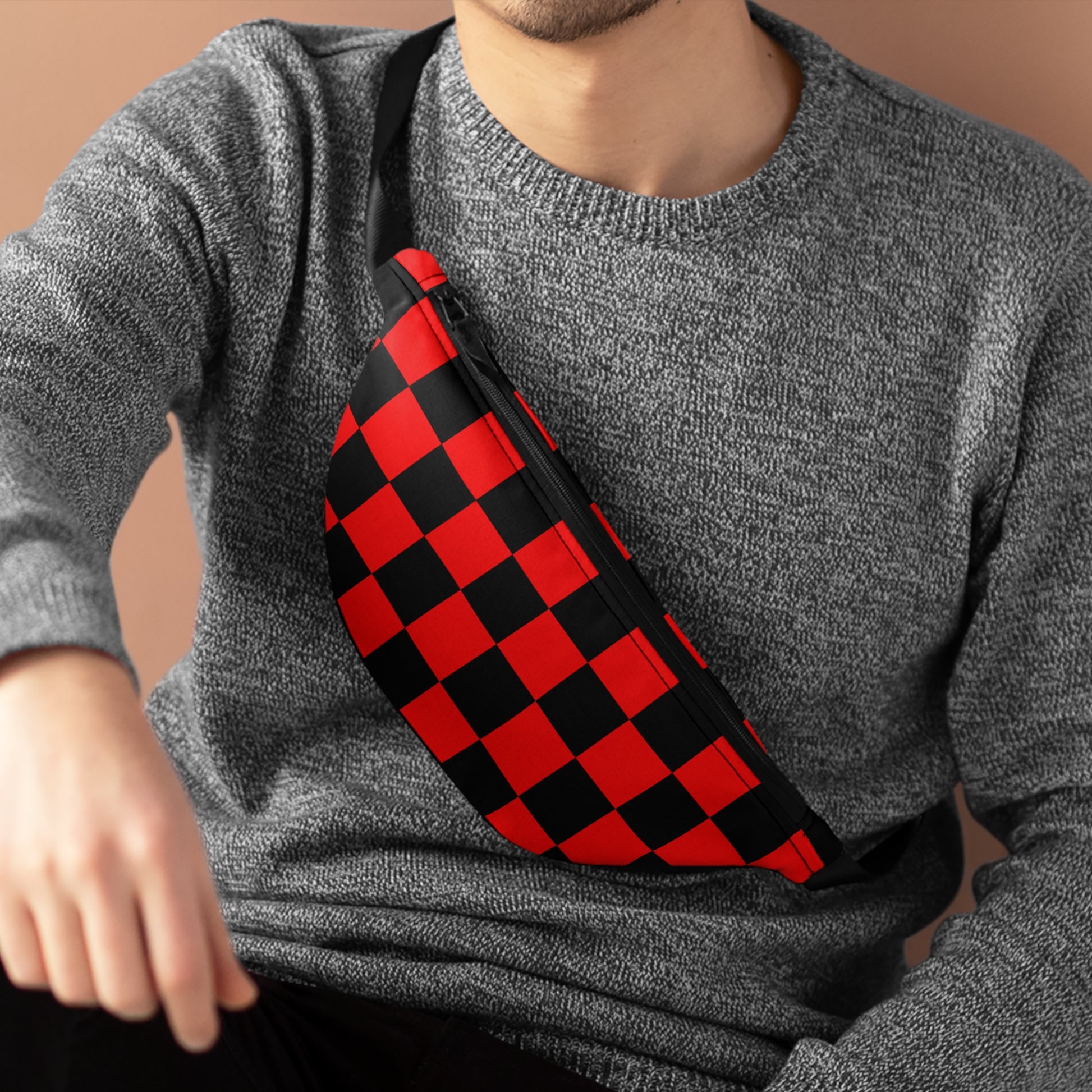 Checkerboard Red and Black Fanny Pack, Artsulli - Art is Long, Life is Short, Bags, , , , , , , 