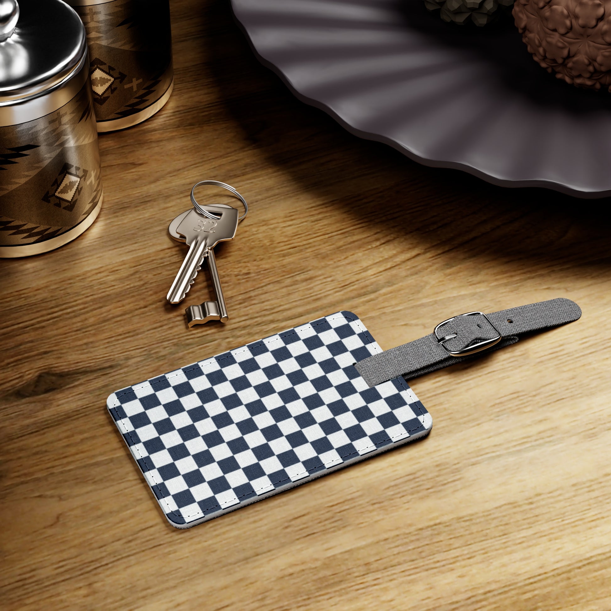 Checkerboard White and Navy Blue Saffiano Polyester Luggage Tag, Rectangle, Artsulli - Art is Long, Life is Short, Accessories, , , , , , , 