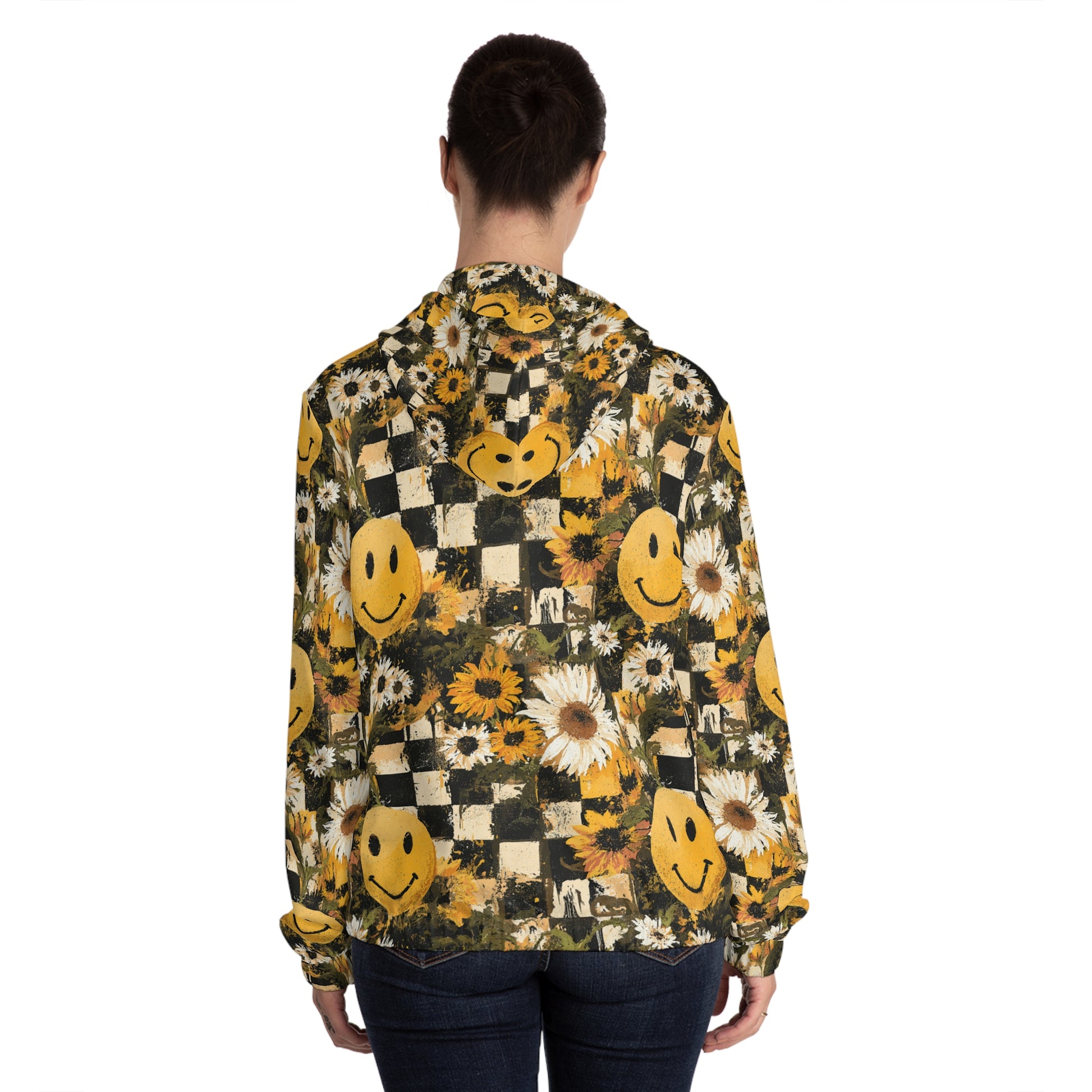 Smiley Face x Checkerboard x Sunflowers x Trippy x Vintage Black and Yellow Women’s Full-Zip Hoodie (AOP), Artsulli - Art is Long, Life is Short, All Over Prints, , , , , , , 
