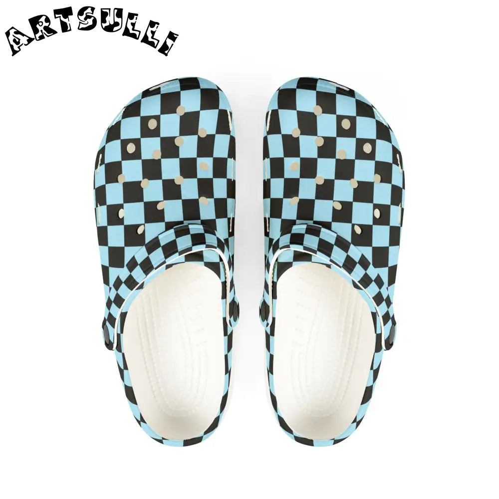 JAKKOUTTHEBXX Checkerboard Black and Blue EVA Foam Rubber Shoes