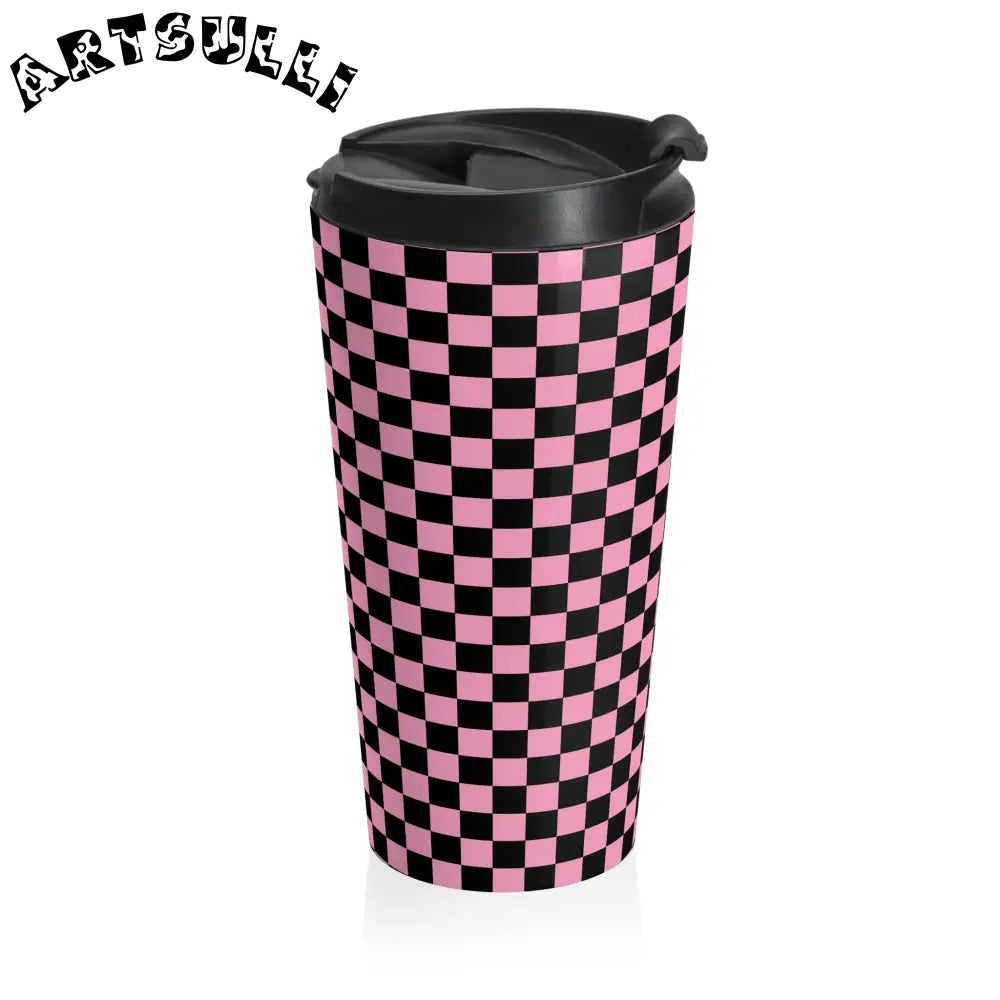 JAKKOUTTHEBXX Checkerboard Black and Pink Stainless Steel Travel Mug
