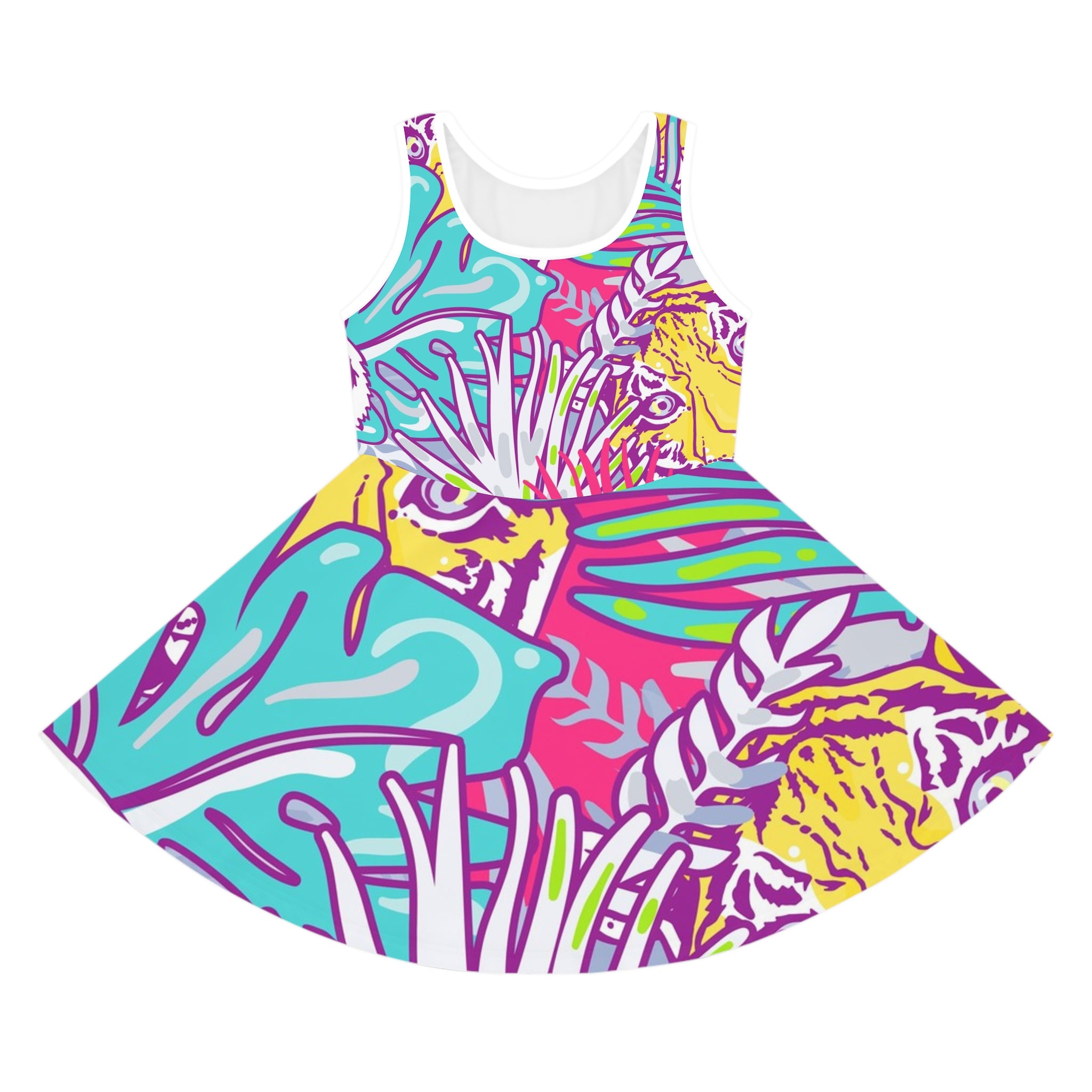 Tropical Floral Tigers Torquise and Purple Girls' Sleeveless Sundress (AOP), Artsulli - Art is Long, Life is Short, All Over Prints, Color, Seam thread color automatically matched to design, Size, 2T, , , 14156560461979