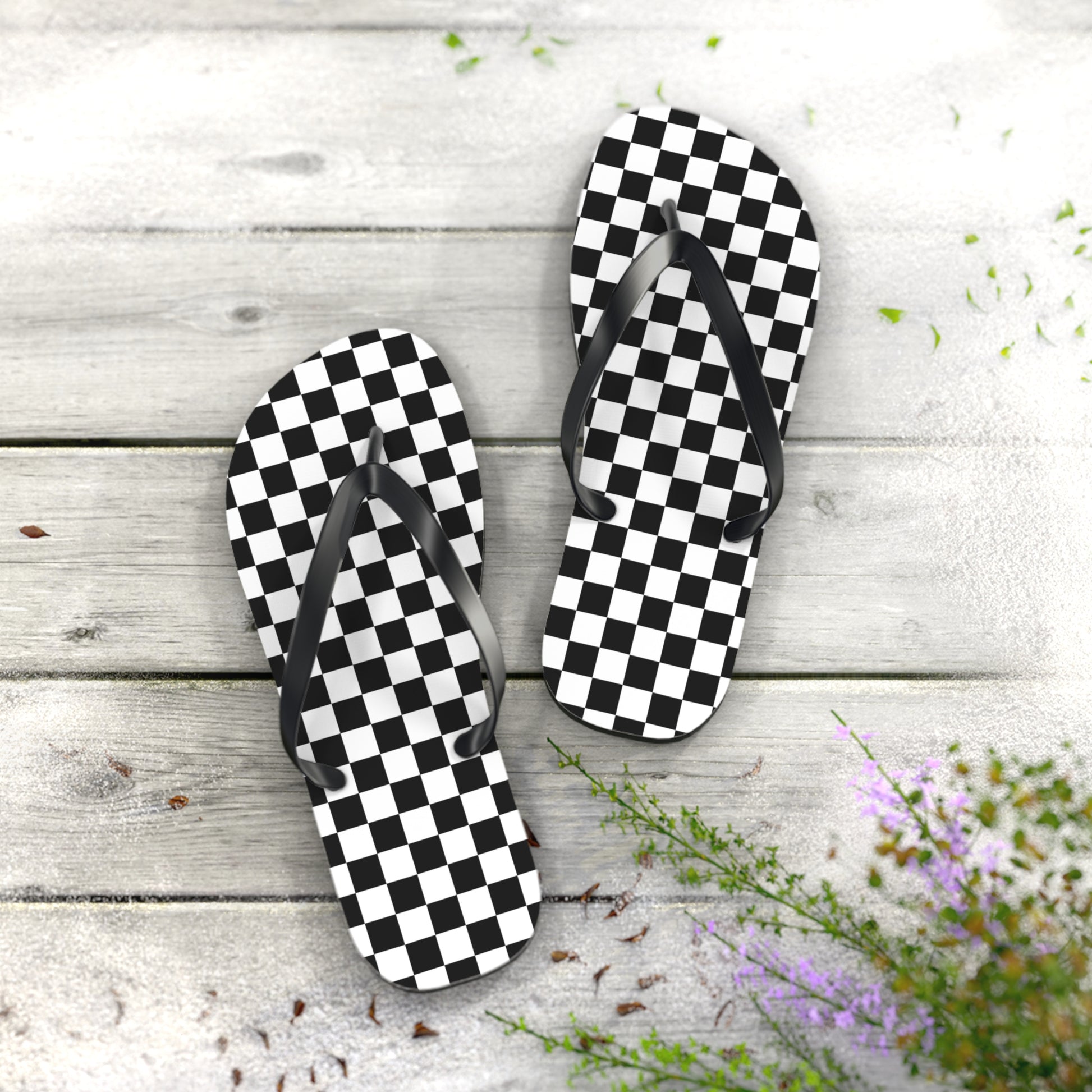 Checkerboard White and Black Flip Flops, Artsulli - Art is Long, Life is Short, Shoes, , , , , , , 