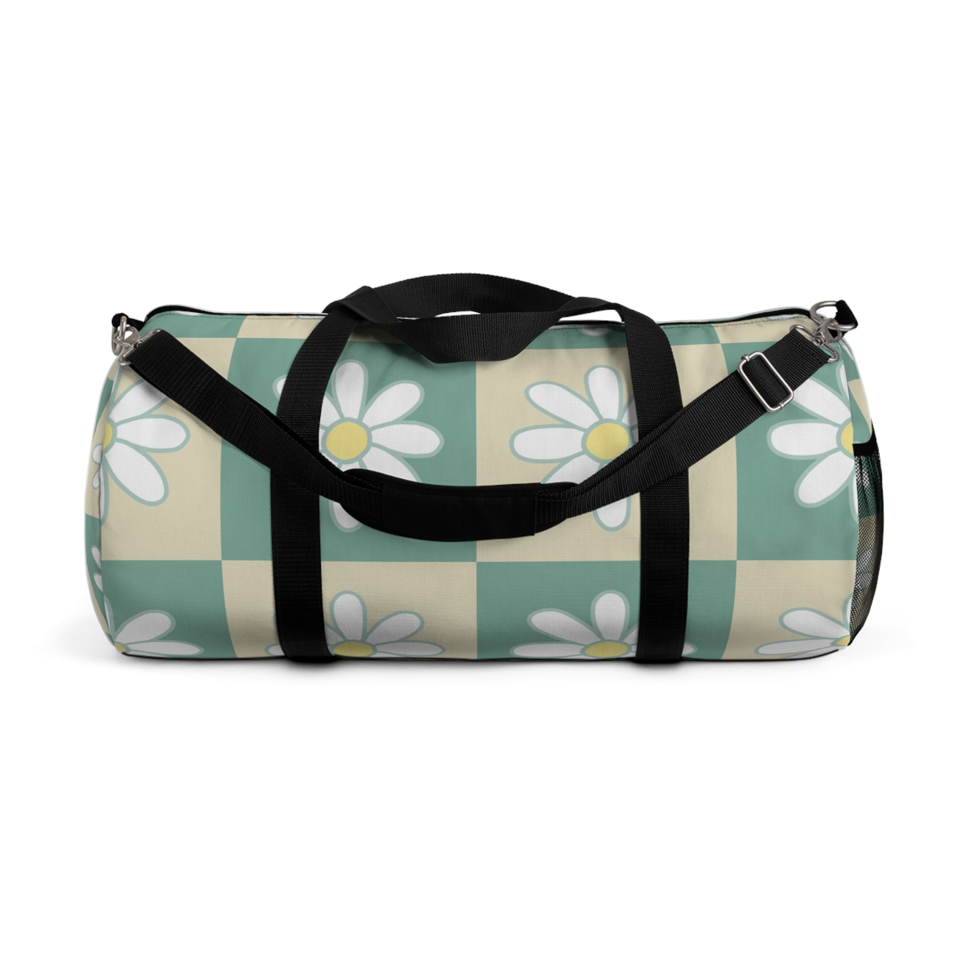 Retro Daisy Checkerboard Green and Tan Duffel Bag, Artsulli - Art is Long, Life is Short, Bags, Size, Large, , , , , 22216231942888476425