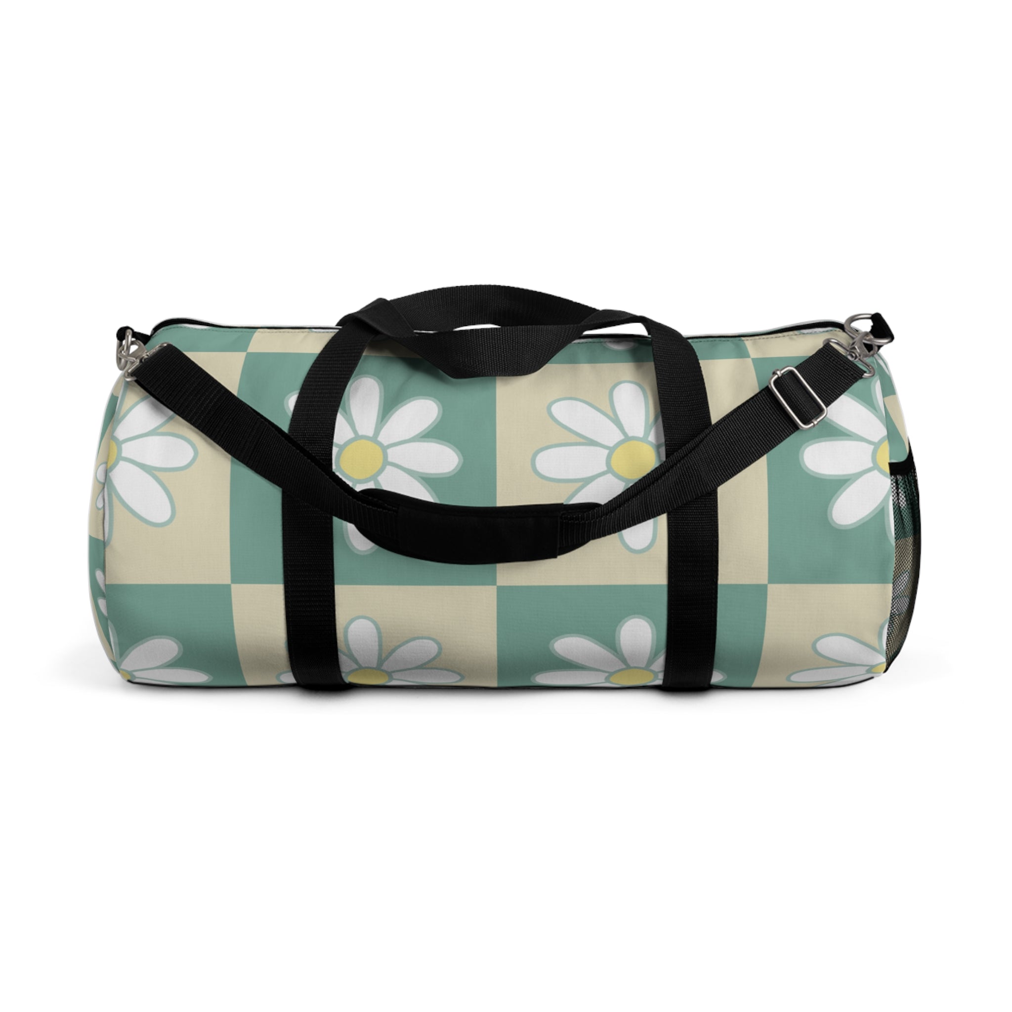 Retro Daisy Checkerboard Green and Tan Duffel Bag, Artsulli - Art is Long, Life is Short, Bags, Size, Large, , , , , 22216231942888476425