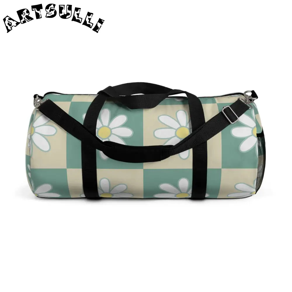 JAKKOUTTHEBXX Retro Daisy Checkerboard Green and Tan Duffel Bag