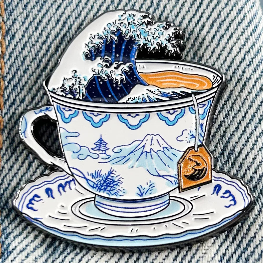 Great Wave Off Kanagawa Mount Fuji Tea Enamel Pin Storm In A Teacup Badge Art Jewelry Fans Lover Gift Collect