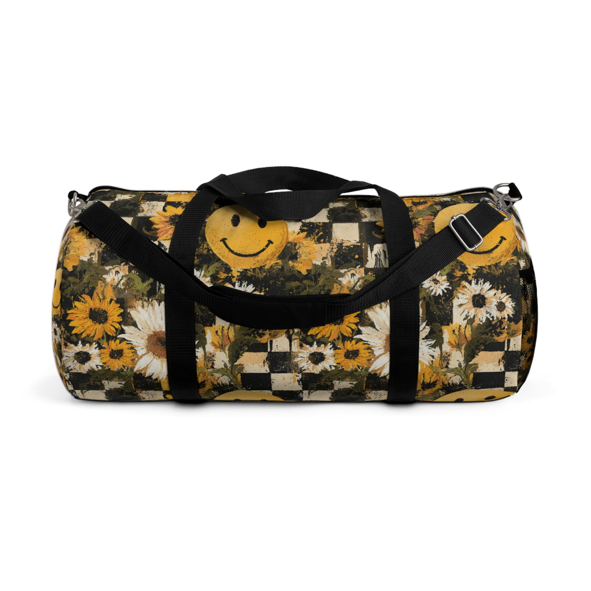Smiley Face x Checkerboard x Sunflowers x Trippy x Vintage Black and Yellow Duffel Bag, Artsulli - Art is Long, Life is Short, Bags, Size, Large, , , , , 65573502869673573959