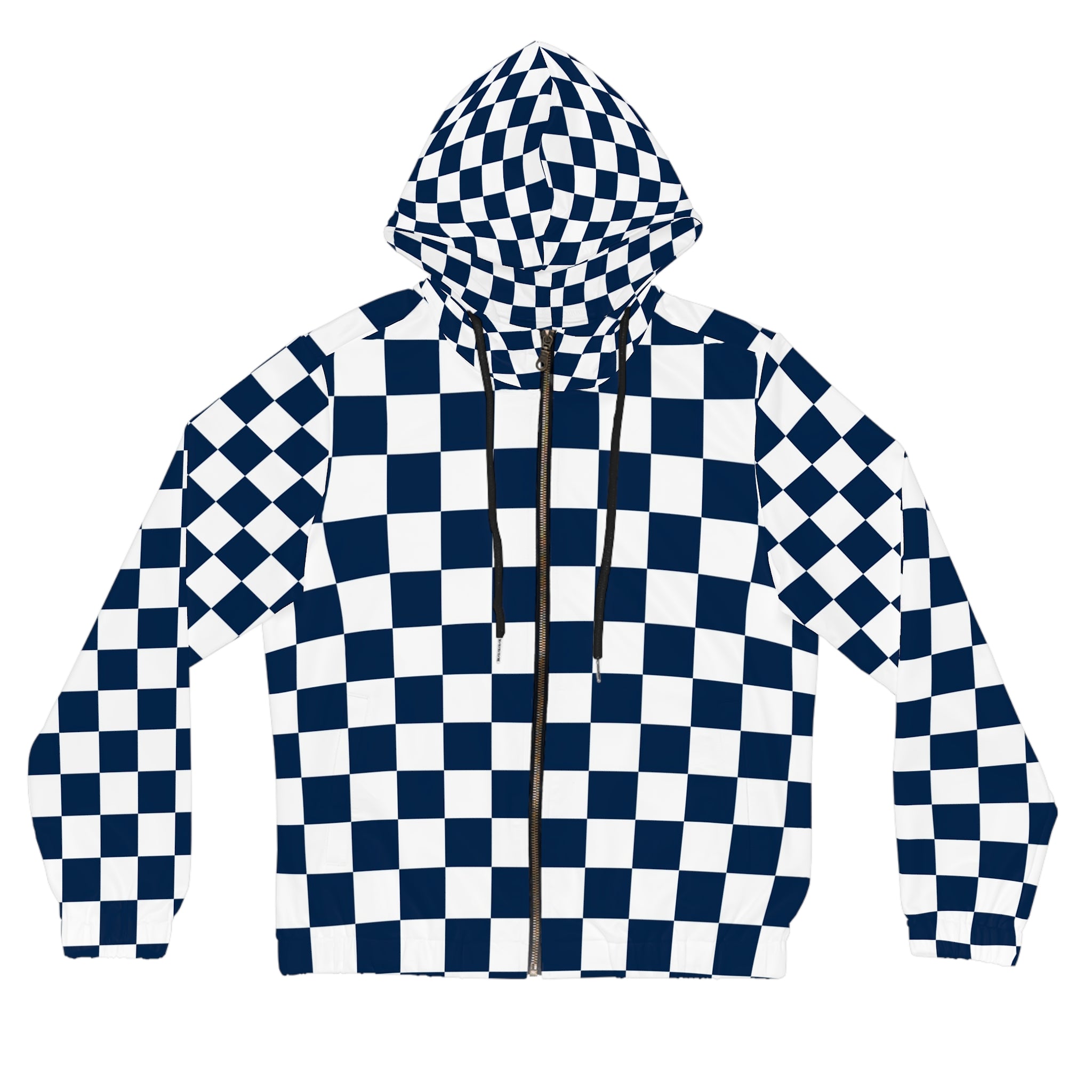 Checkerboard White and Navy Blue Women’s Full-Zip Hoodie (AOP), Artsulli - Art is Long, Life is Short, All Over Prints, Size, XS, Color, Black, , , 16100928069863621639