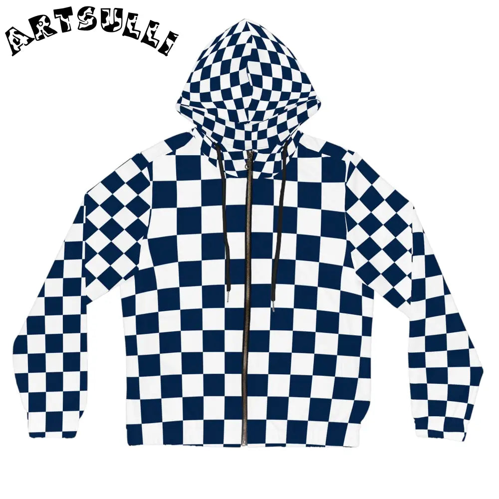 JAKKOUTTHEBXX Checkerboard White and Navy Blue Women’s Full-Zip