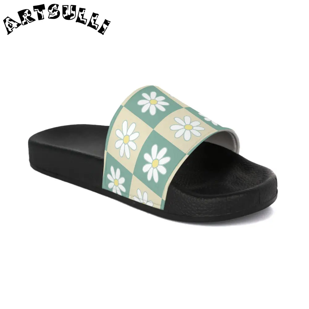 JAKKOUTTHEBXX Retro Daisy Checkerboard Green and Tan Men’s Slide