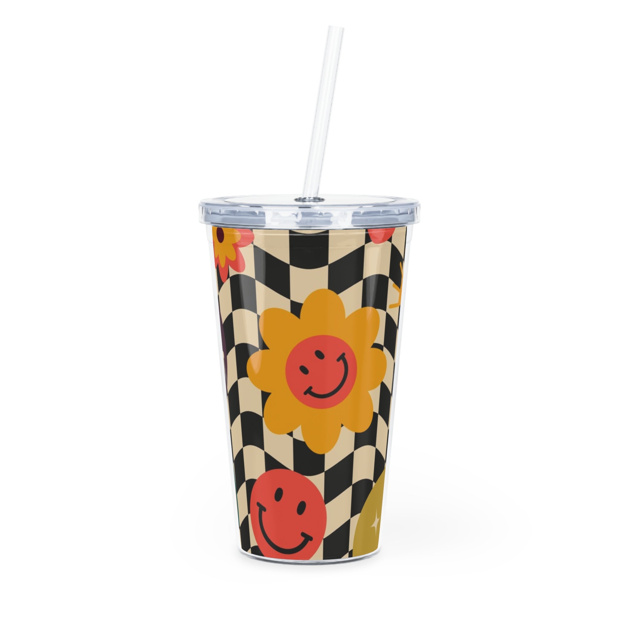Trippy x Wavy Checkerboard x Smiley Face x Rainbow x Flowers Multi-Color Plastic Tumbler with Straw, Artsulli - Art is Long, Life is Short, Mug, Size, 20oz, Color, Transparent, , , 12980959783948852594