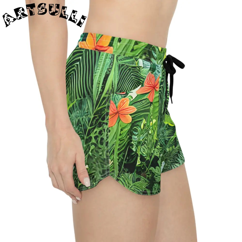 JAKKOUTTHEBXX Tropical Print Athletic Shorts with Black Drawstring