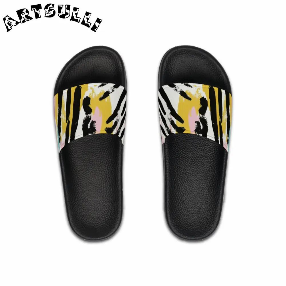 Zebra Brush Strokes Men's Slide Sandals, Artsulli - Art is Long, Life is Short, Shoes, Color, Black sole, Size, US 6, , , 17587371105342