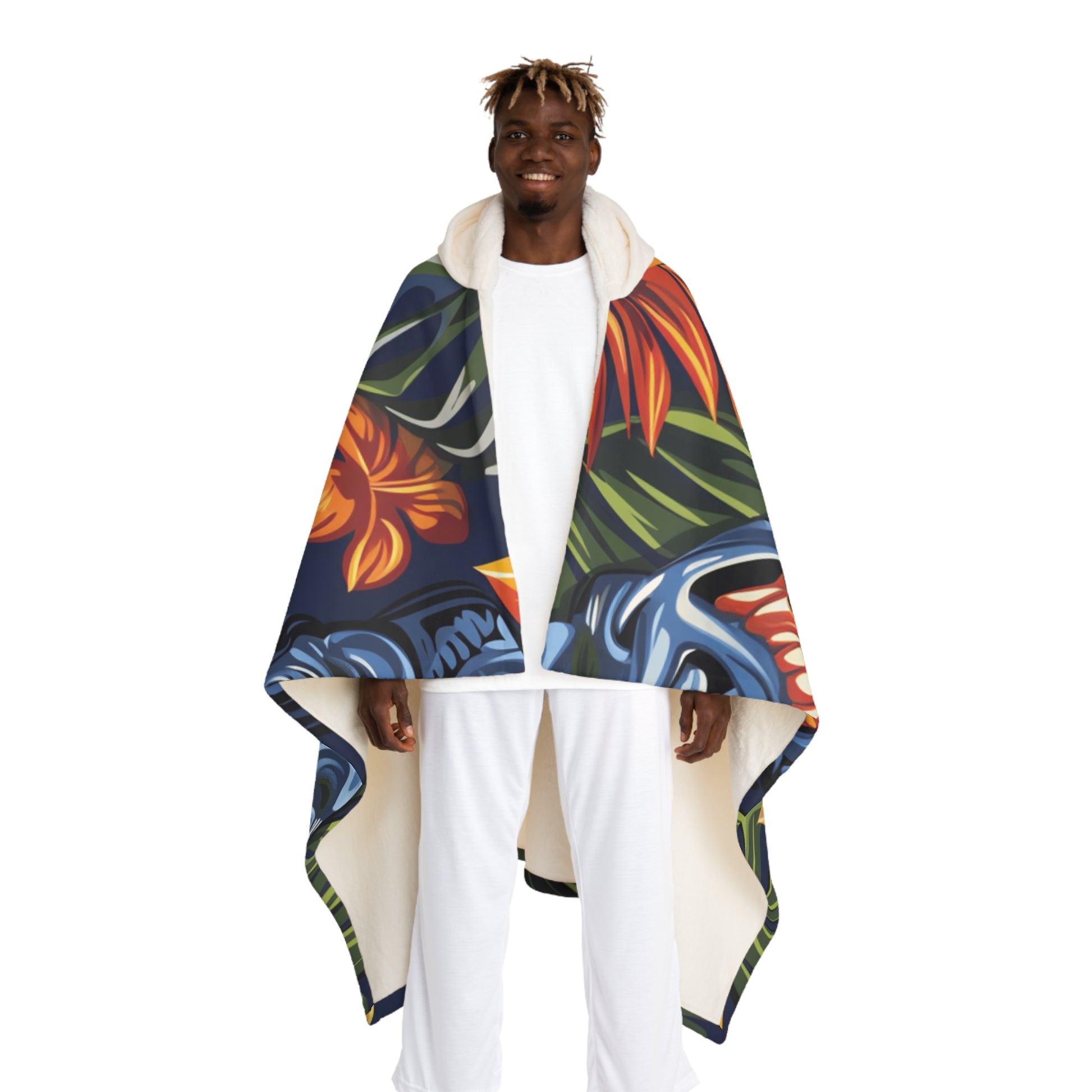 Tiki Bloom Navy Hooded Sherpa Fleece Blanket, Artsulli - Art is Long, Life is Short, All Over Prints, Size, One size, Color, Cream, , , 31120490042208622901
