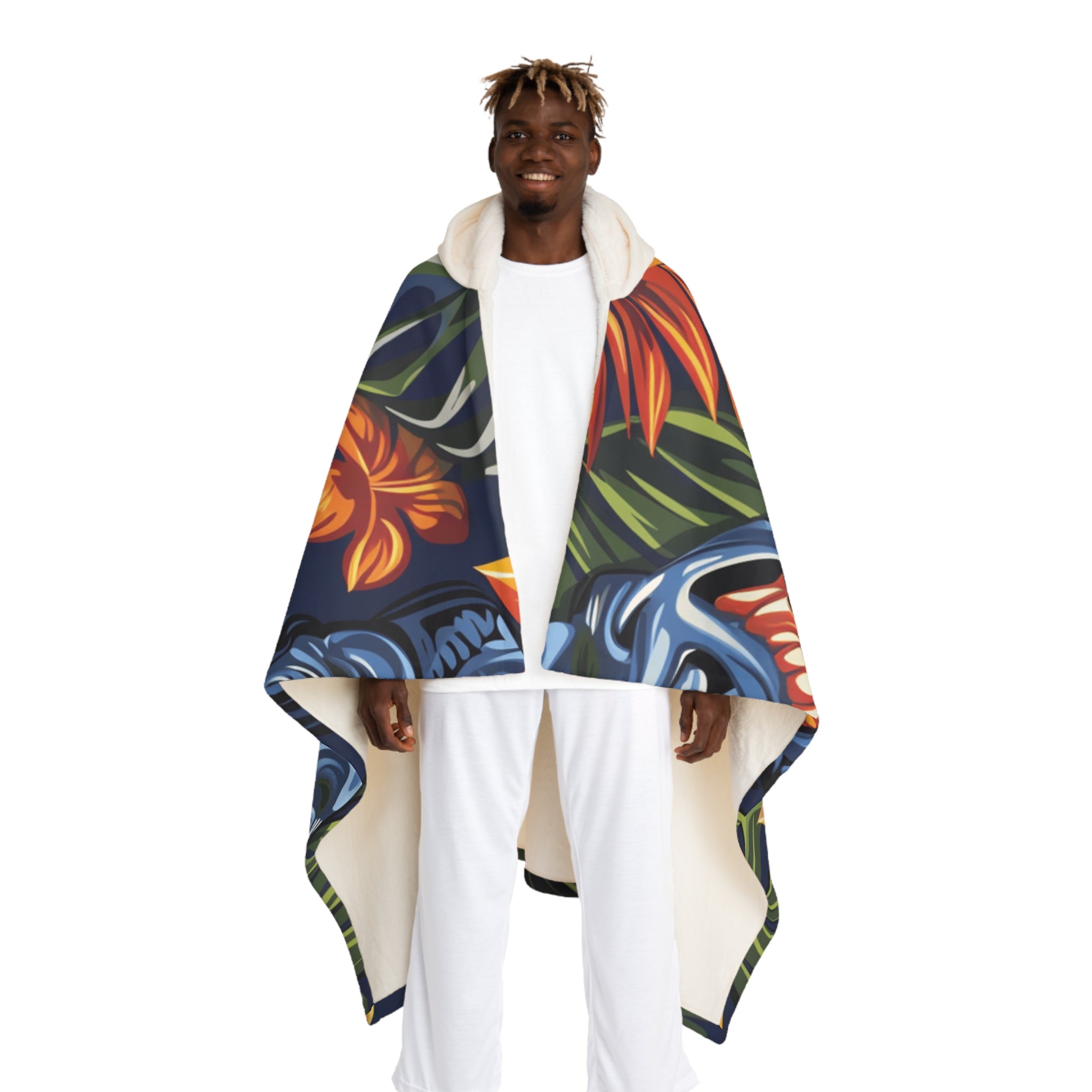 Tiki Bloom Navy Hooded Sherpa Fleece Blanket, Artsulli - Art is Long, Life is Short, All Over Prints, Size, One size, Color, Cream, , , 31120490042208622901