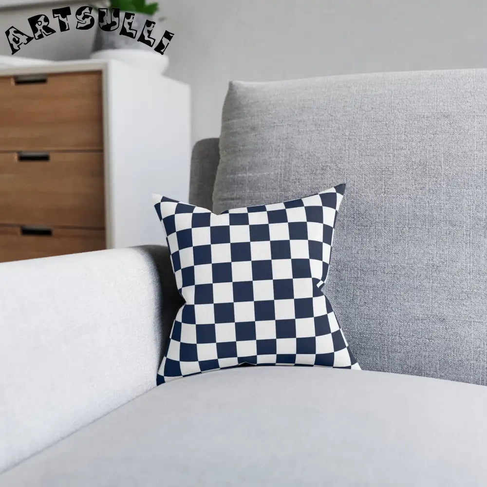 JAKKOUTTHEBXX Checkerboard White and Navy Blue Square Pillow