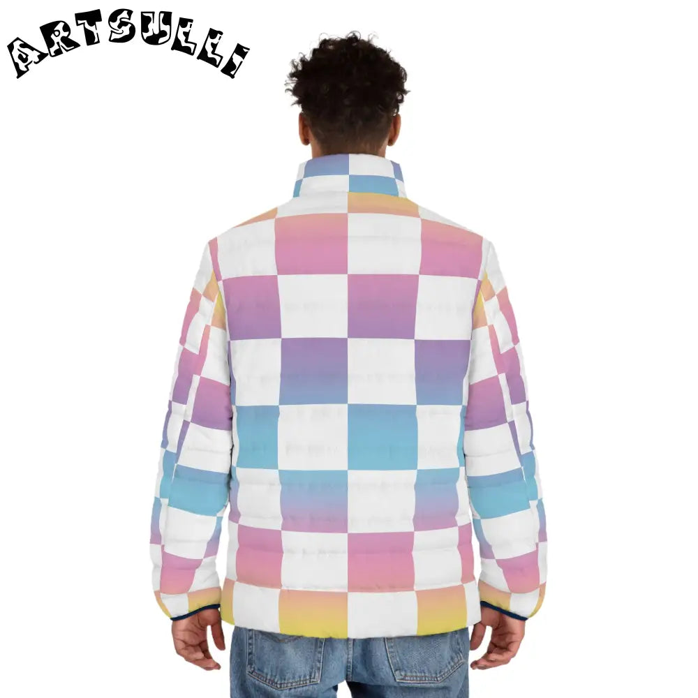 JAKKOUTTHEBXX Vaporwave Check Men’s Puffer Jacket (AOP)