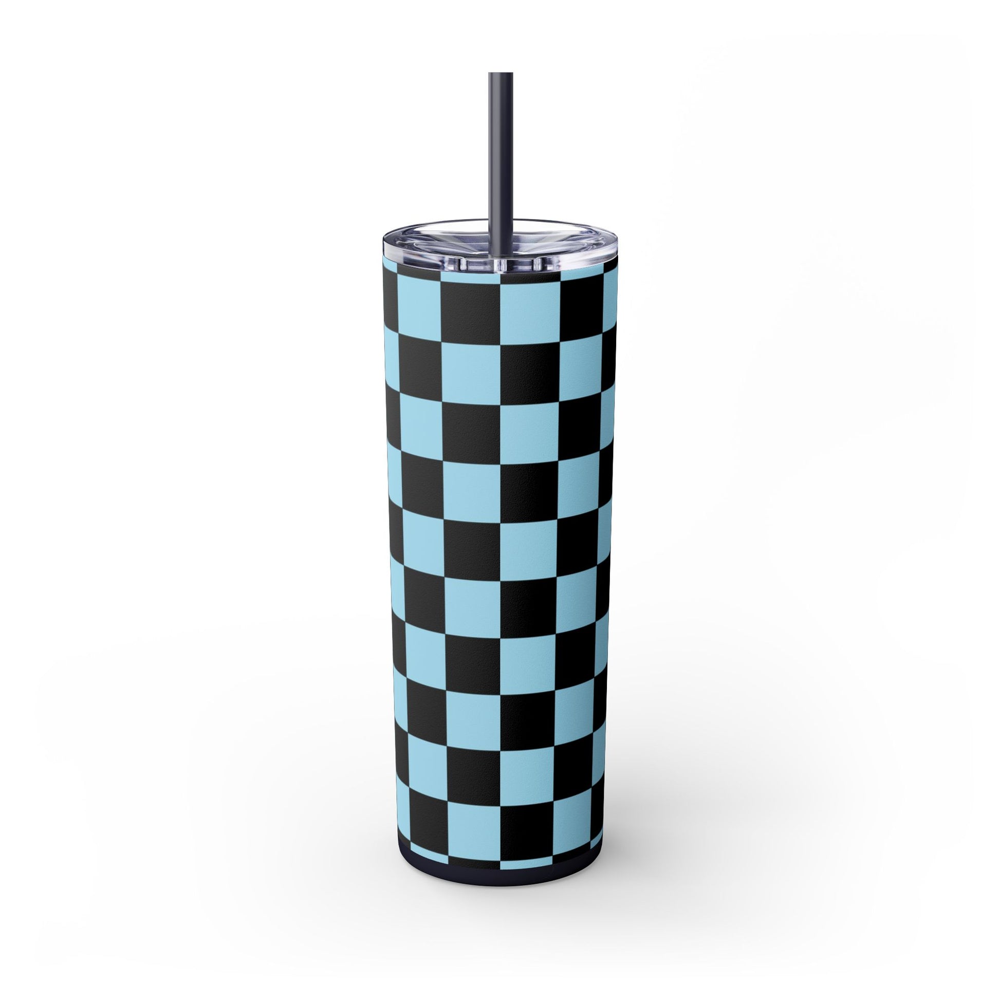 Checkerboard Black and Blue Skinny Tumbler with Straw, 20oz, Artsulli - Art is Long, Life is Short, Mug, , , , , , , 