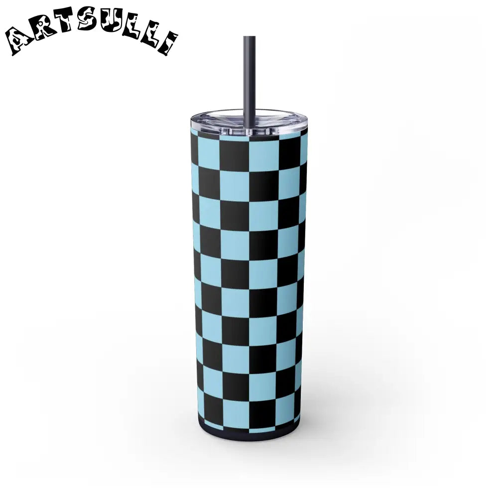 JAKKOUTTHEBXX Checkerboard Black and Blue Skinny Tumbler with Straw