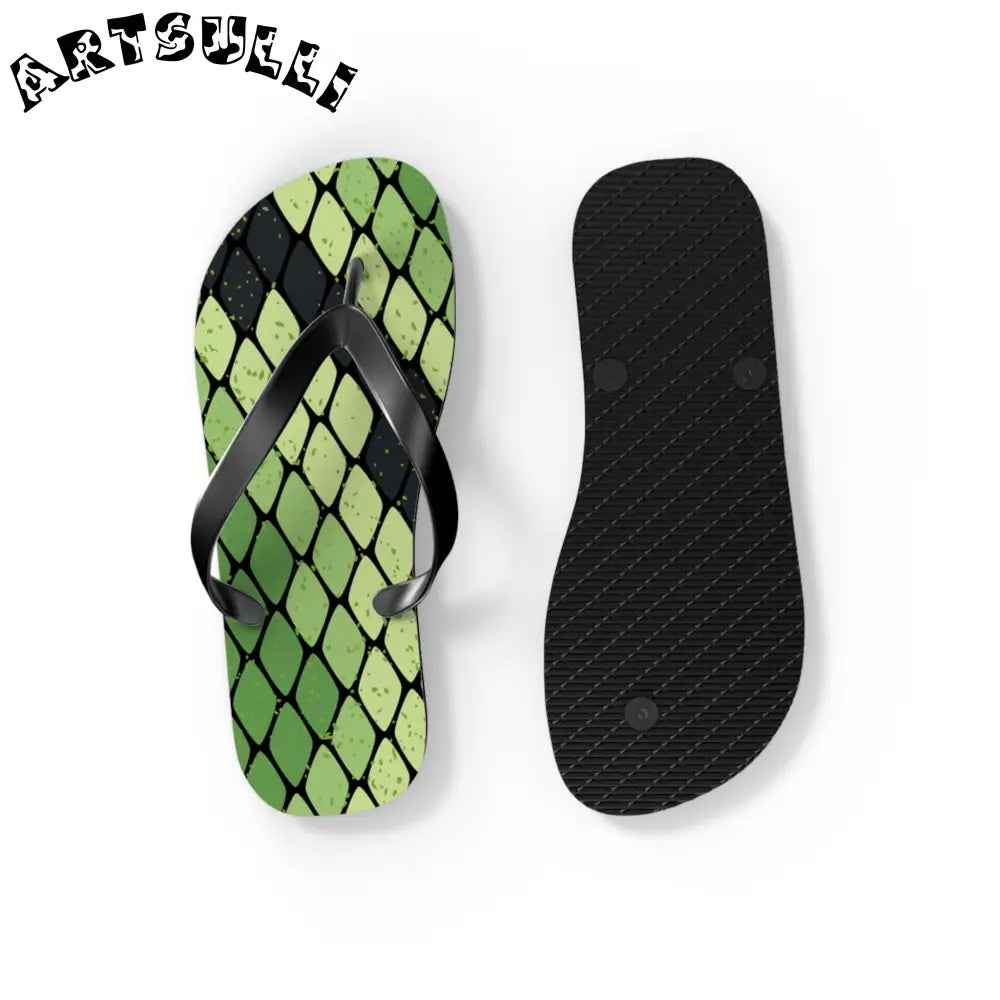 JAKKOUTTHEBXX Snake Skin Green and Black Flip Flops JAKKOUTTHEBXX