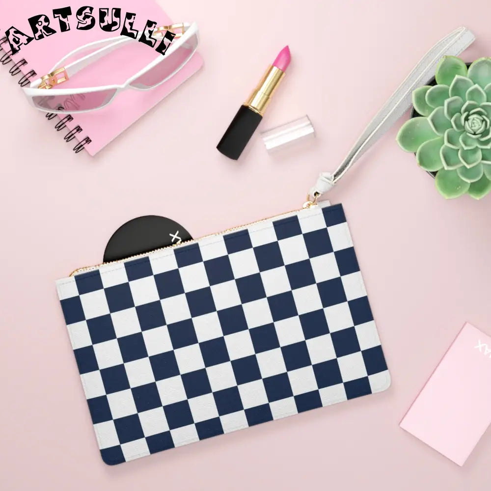 JAKKOUTTHEBXX Checkerboard White and Navy Blue Clutch Bag