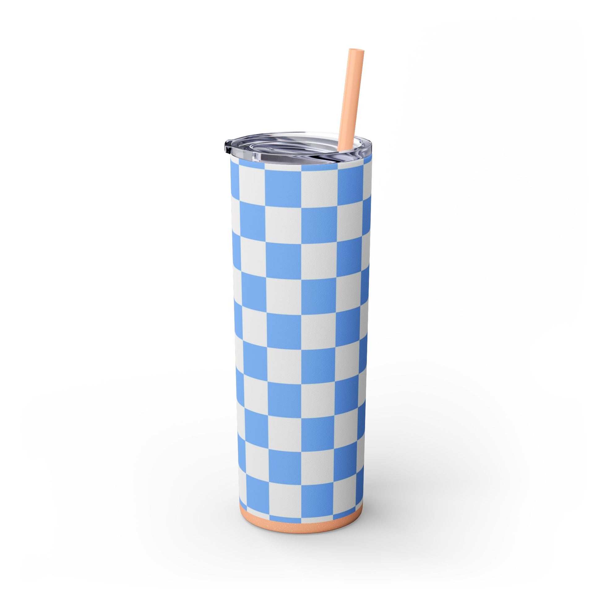 Checkerboard White and Light Blue Skinny Tumbler with Straw, 20oz, Artsulli - Art is Long, Life is Short, Mug, , , , , , , 