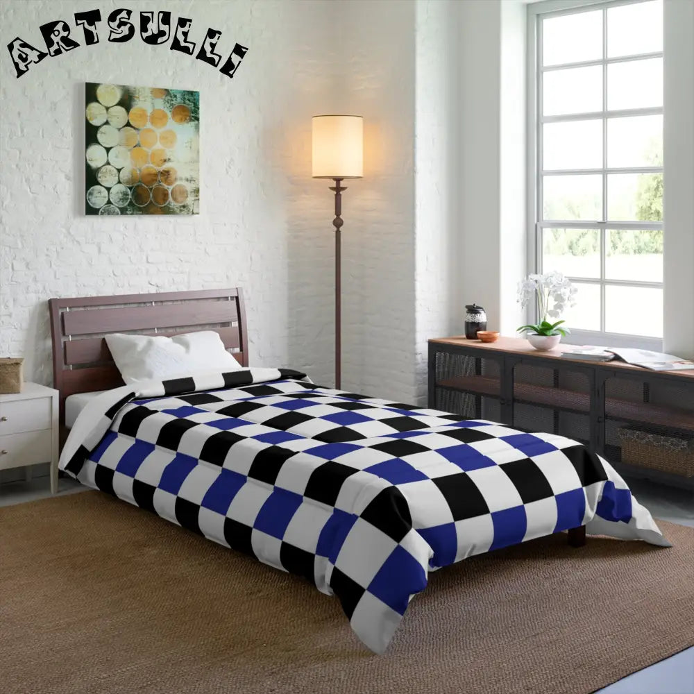 JAKKOUTTHEBXX Checkerboard Blue White and Black Comforter