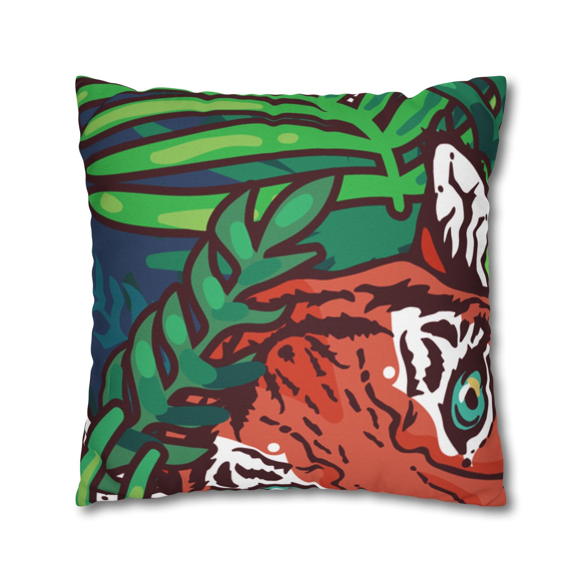 Tropical Jungle Tigers Blue and Green Spun Polyester Square Pillowcase, Artsulli - Art is Long, Life is Short, Home Decor, , , , , , , 