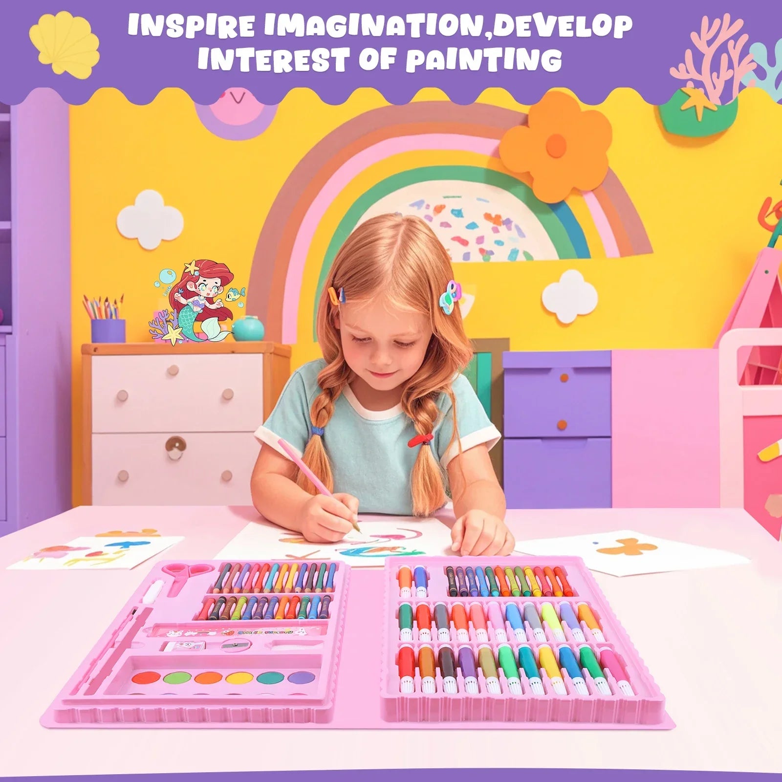 Buy The Best By Artsulli - Art is Long Life Short - 100+ Piece Drawing Kit: Mermaid Craft Supplies with Washable Markers - Non-Toxic Set