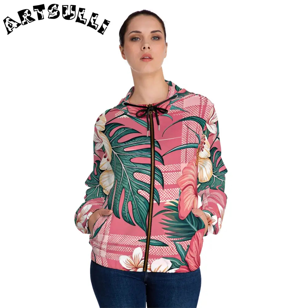 JAKKOUTTHEBXX Plaid x Floral Burgundy Women’s Full-Zip Hoodie (AOP)