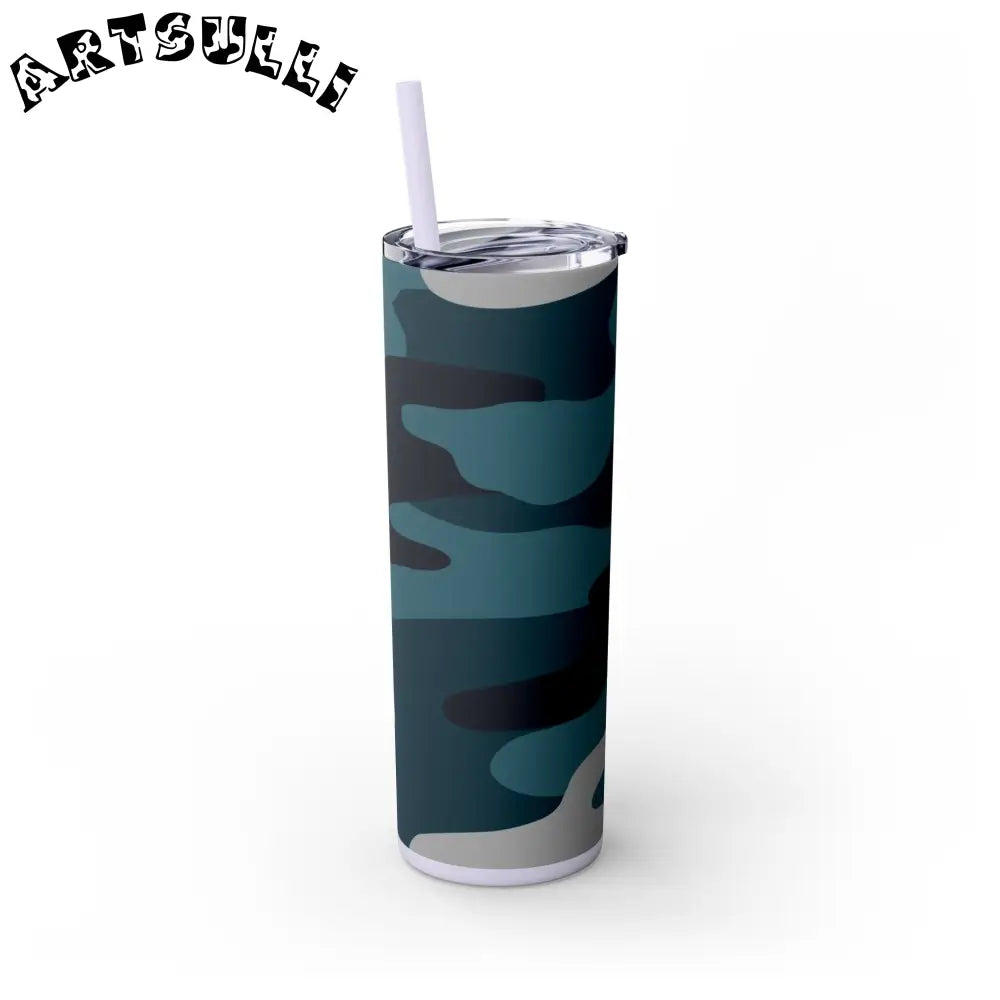 JAKKOUTTHEBXX Blue Camouflage Skinny Tumbler with Straw 20oz