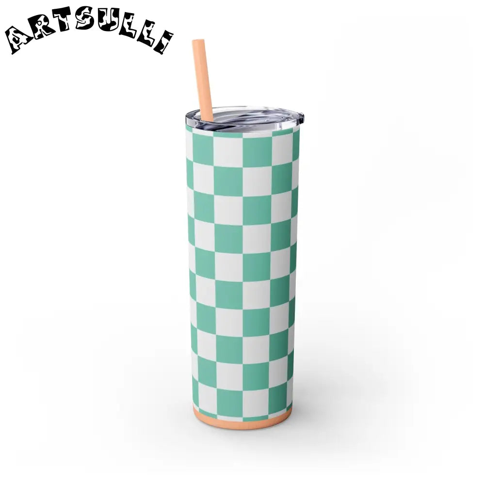 JAKKOUTTHEBXX Checkerboard Light Green Skinny Tumbler with Straw