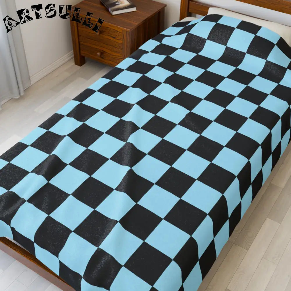 JAKKOUTTHEBXX Checkerboard Black and Blue Velveteen Plush Blanket