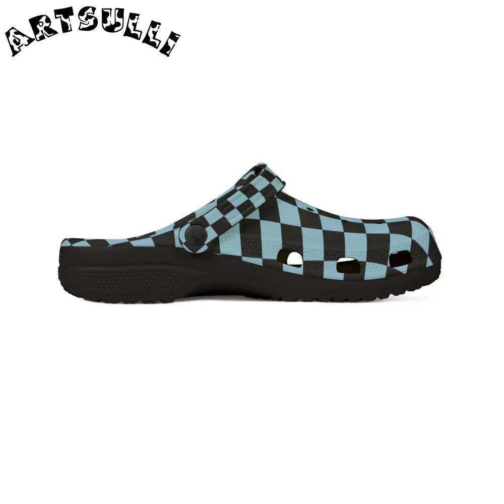 JAKKOUTTHEBXX Checkerboard Black and Blue EVA Foam Rubber Shoes