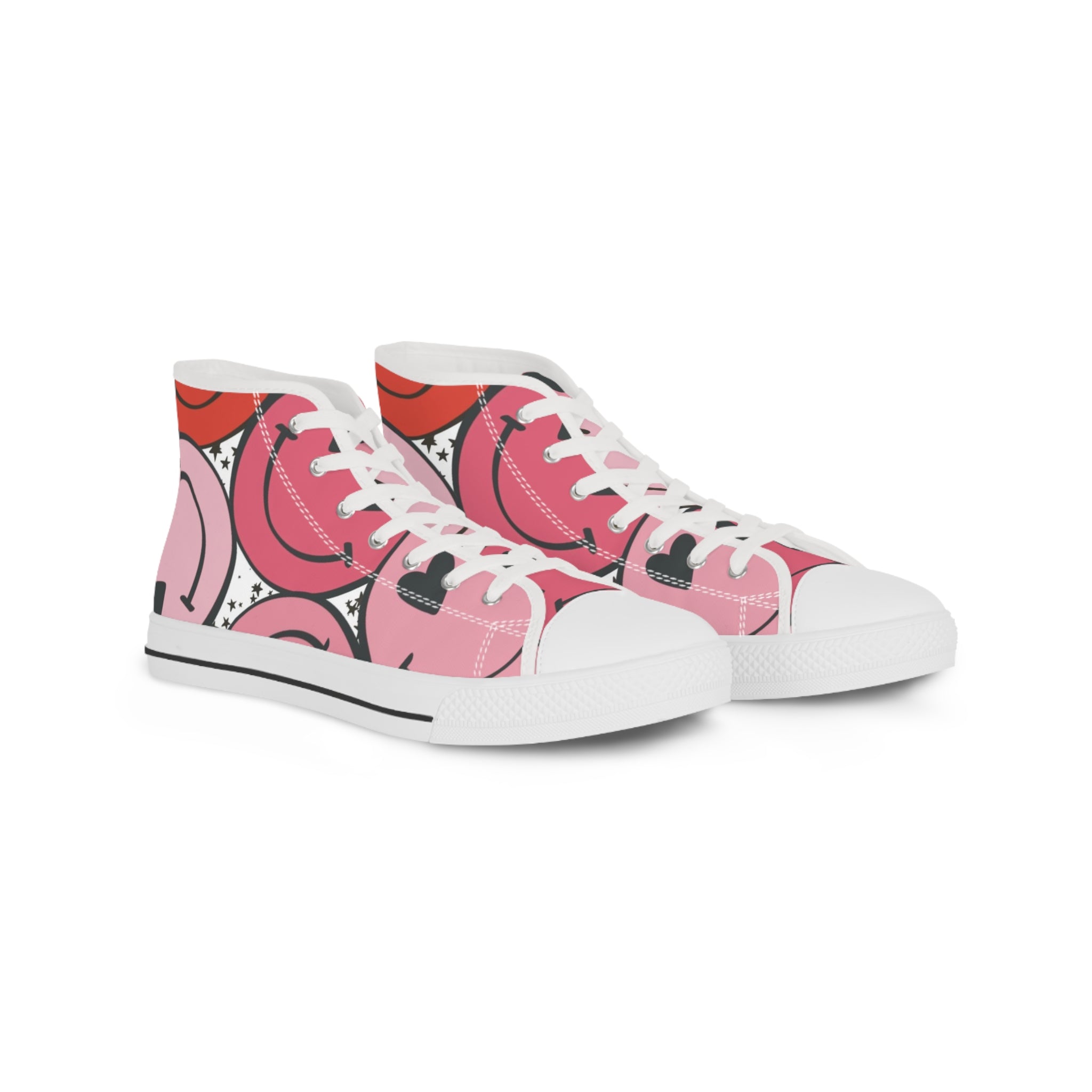 Big Smiley Face x Heart Eyes Pink and Red Men's High Top Sneakers, Artsulli - Art is Long, Life is Short, Shoes, Size, US 5, Color, White sole, , , 16912862510750731850
