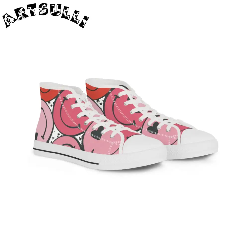 Big Smiley Face x Heart Eyes Pink and Red Men's High Top Sneakers, Artsulli - Art is Long, Life is Short, Shoes, Size, US 5, Color, White sole, , , 16912862510750731850
