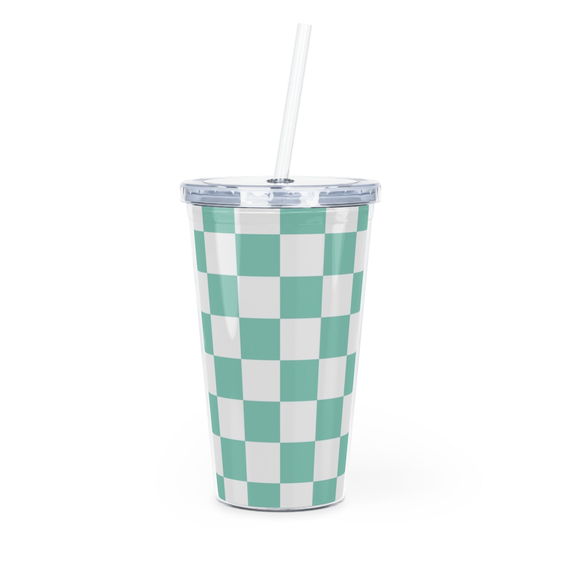 Checkerboard Light Green Plastic Tumbler with Straw, Artsulli - Art is Long, Life is Short, Mug, Size, 20oz, Color, Transparent, , , 11478041741419650826
