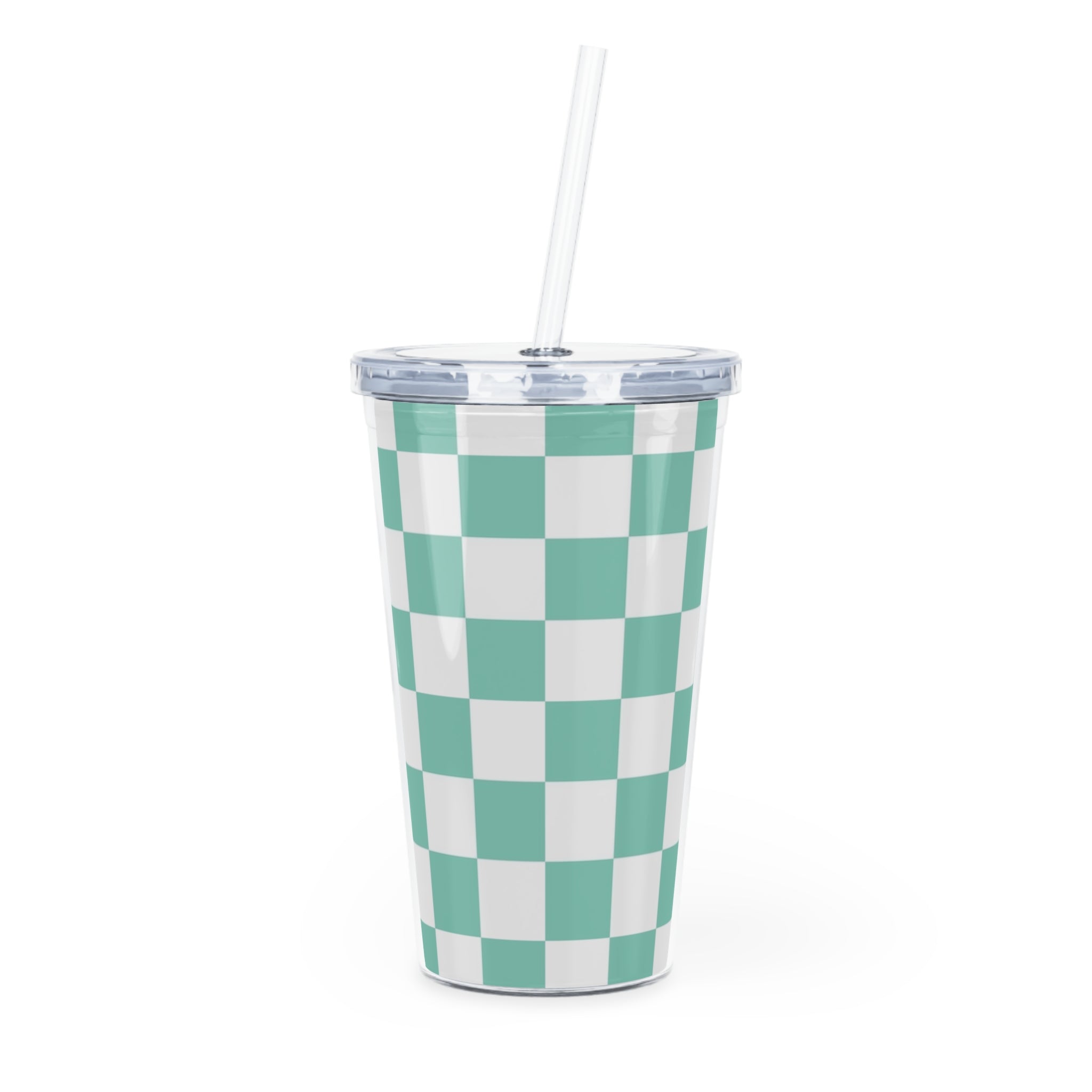 Checkerboard Light Green Plastic Tumbler with Straw, Artsulli - Art is Long, Life is Short, Mug, Size, 20oz, Color, Transparent, , , 11478041741419650826