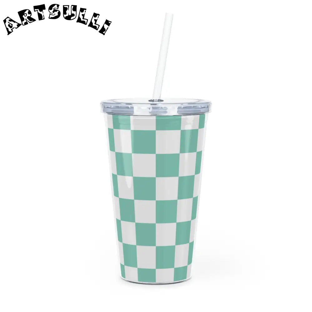 JAKKOUTTHEBXX Checkerboard Light Green Plastic Tumbler with Straw