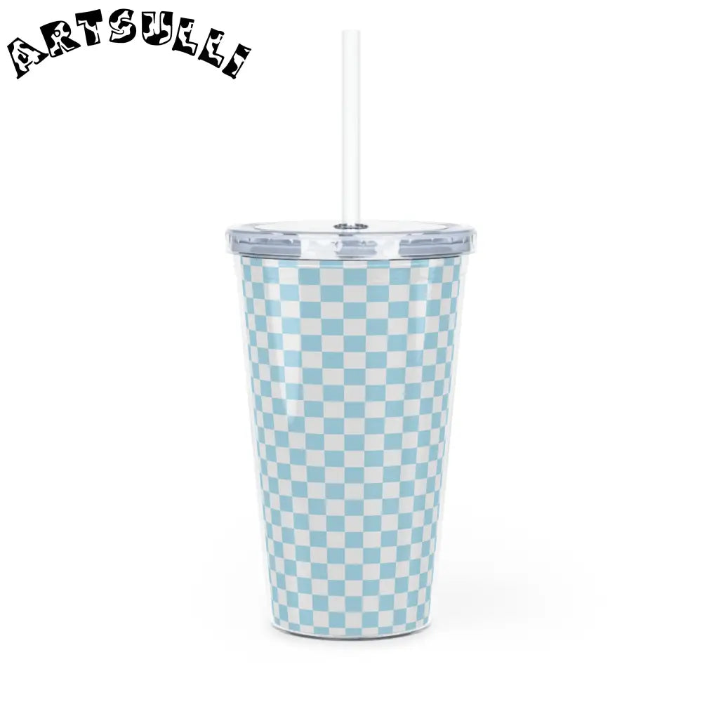 JAKKOUTTHEBXX Checkerboard II Sky Blue Plastic Tumbler with Straw