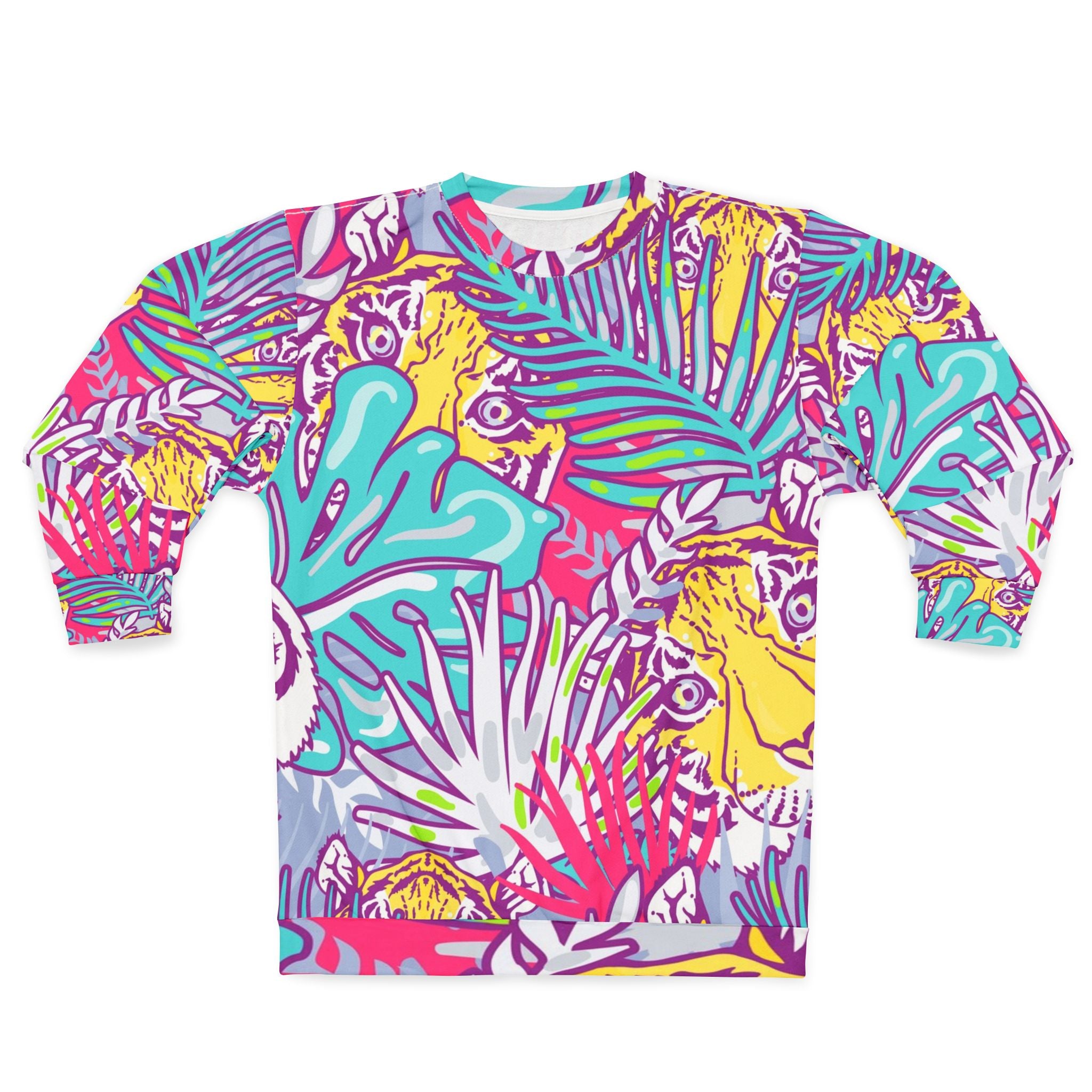 Tropical Floral Tigers Torquise and Purple Unisex Sweatshirt (AOP), Artsulli - Art is Long, Life is Short, All Over Prints, Size, XS, , , , , 14239422313419