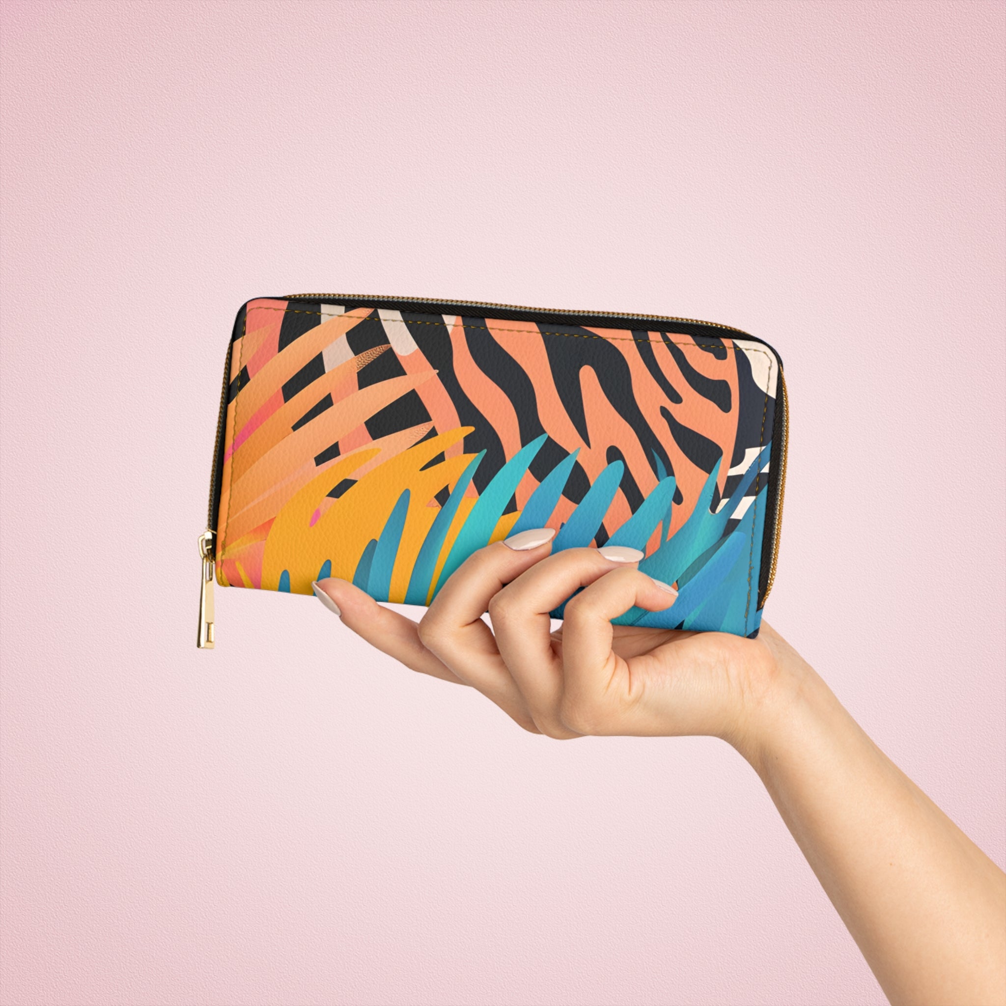 Palm Leaves x Zebra Stripes x Tiger Stripes Orange and Blue Zipper Wallet, Artsulli - Art is Long, Life is Short, Accessories, , , , , , , 
