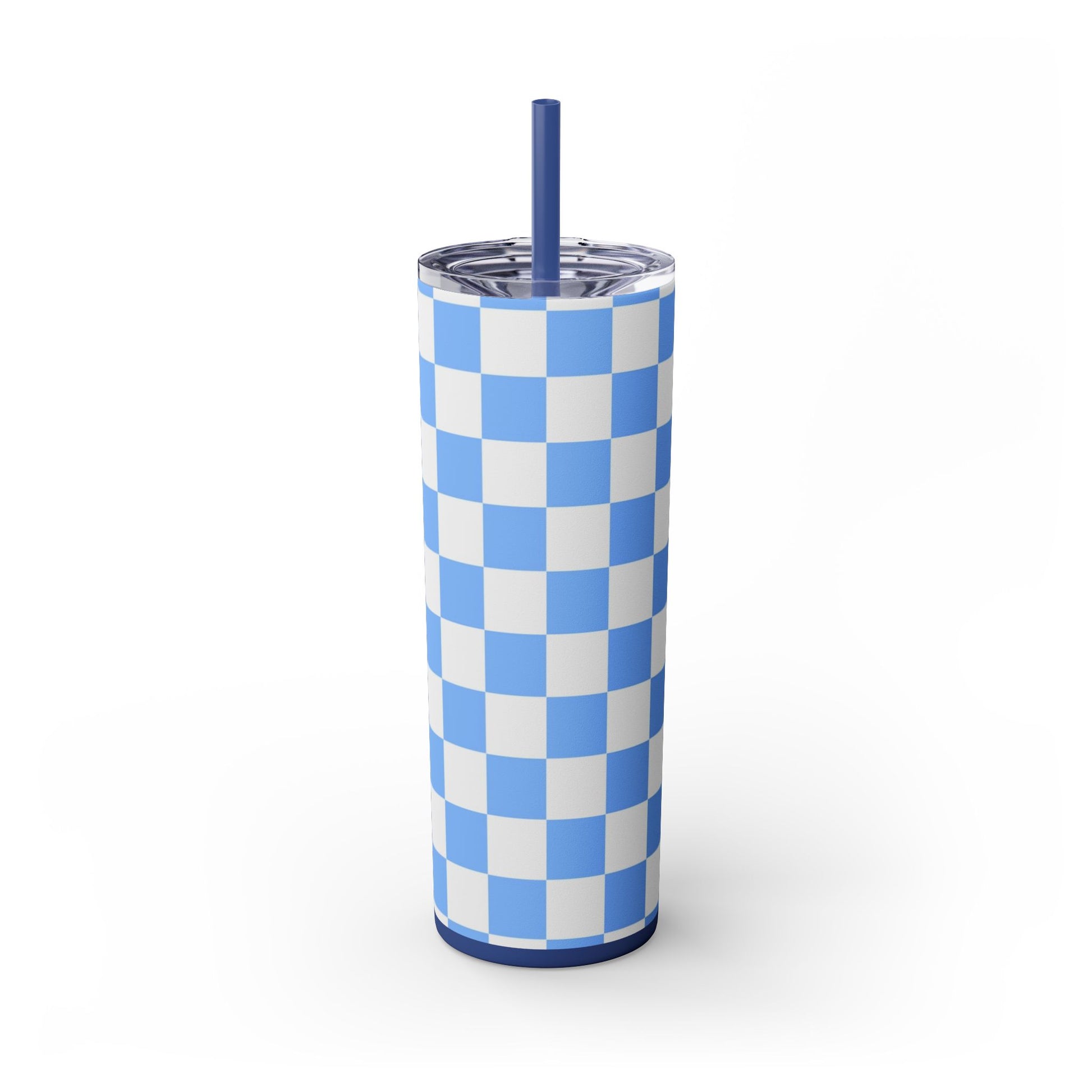 Checkerboard White and Light Blue Skinny Tumbler with Straw, 20oz, Artsulli - Art is Long, Life is Short, Mug, , , , , , , 
